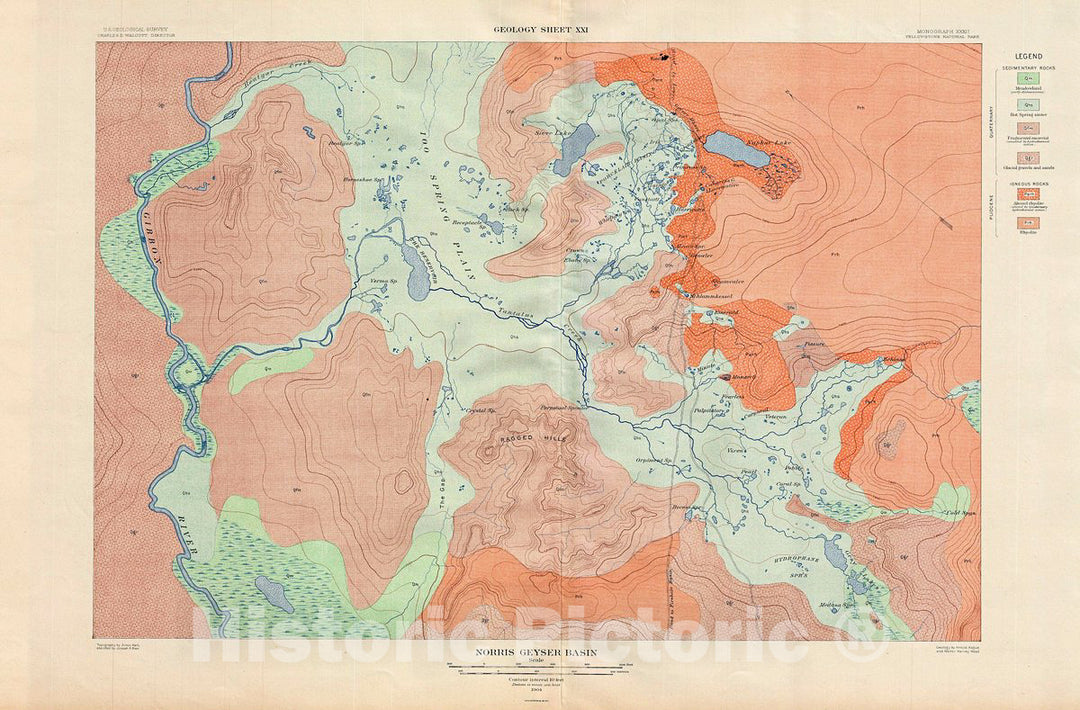 Historic Map : USGS Geologic Map of Norris Geyser Basin, Yellowstone National Park, 1904, Vintage Wall Art