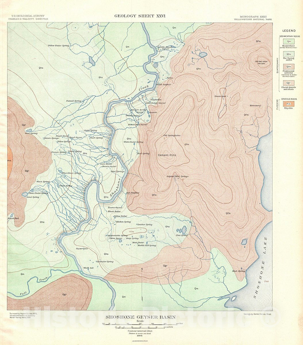 Historic Map : USGS Geologic Antique Map of Shoshone Geyser Basin, Yellowstone National Park, 1904, Vintage Wall Art