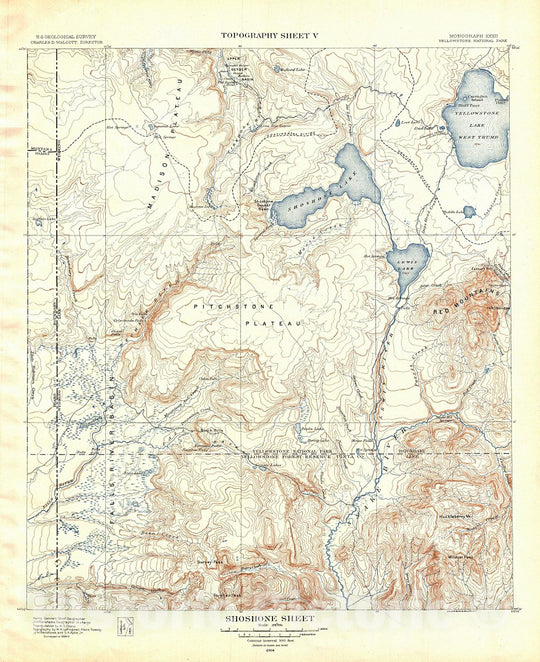 Historic Map : USGS Topographic Map of Shoshone, Yellowstone National Park, 1904, Vintage Wall Art