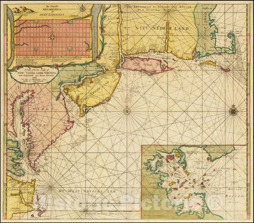 Historic Map : A Chart of the Sea Coasts of New Neder Land, Virginia, New-England, and Penn-Silvania, With the Citty of Philadelphia,1688 (1706), Vintage Wall Art