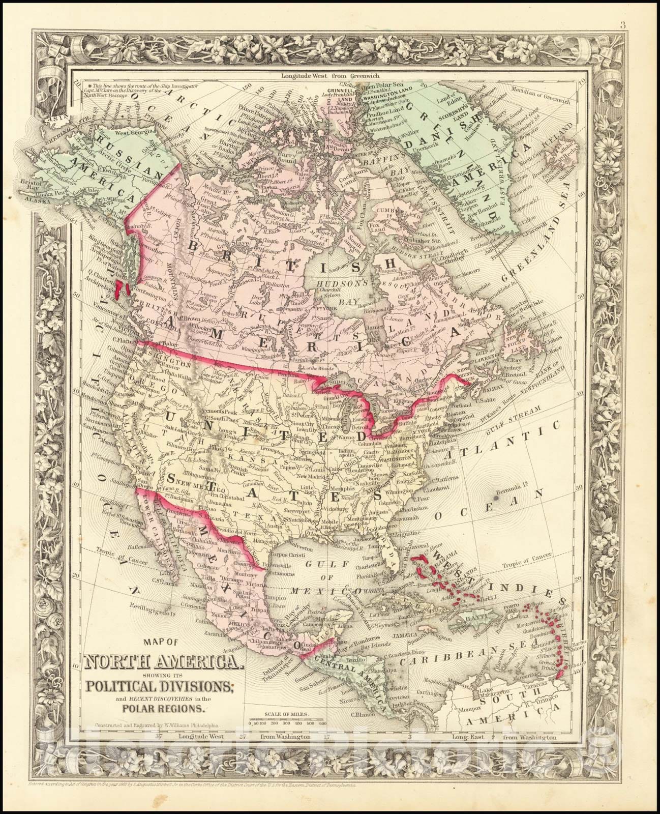 Historic Map : North America Showing Its Political Divisions, and Recent Discoveries in the Polar Regions., 1861, Vintage Wall Art