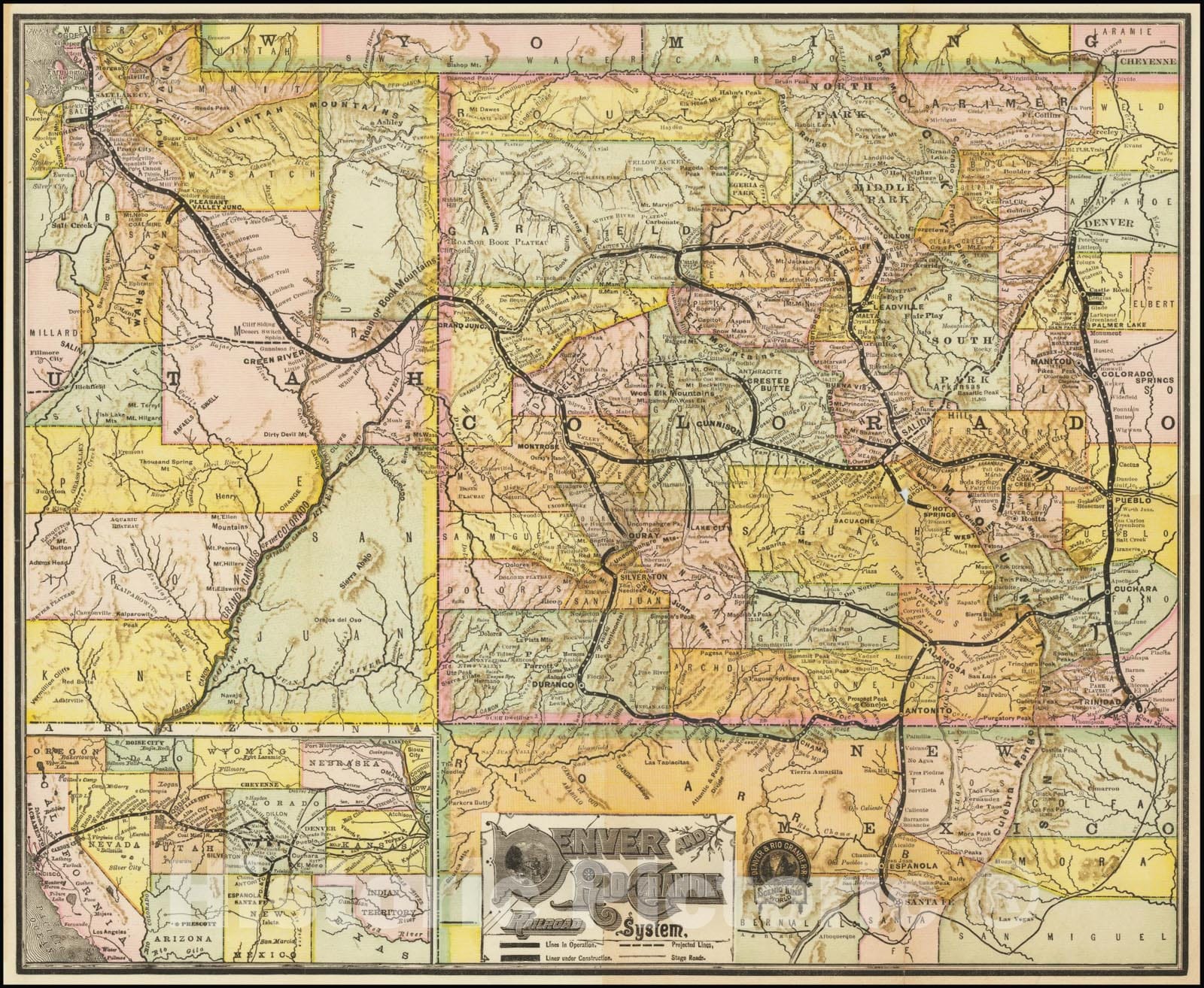 Historic Map : Denver and Rio Grande Railroad System, 1890 v2, Vintage Wall Art