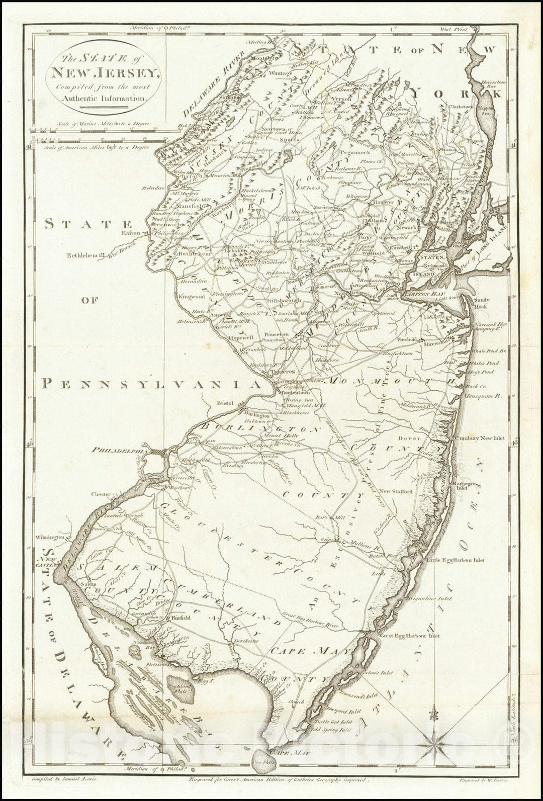 Historic Map : The State of New Jersey Compiled from the Most Authentic Information, 1795, Vintage Wall Art