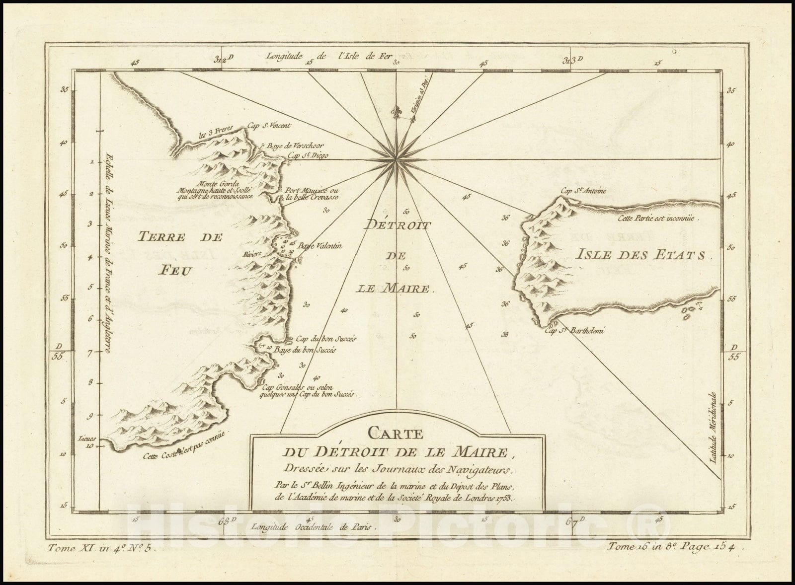 Historic Map : Carte du Detroit De Le Maire, Dressee sur les Journaux de Navigateurs, 1753, 1753, Vintage Wall Art