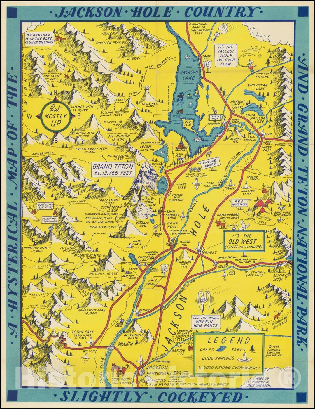 Historic Map : A Hysterical Jackson Hole Country and Grand Teton National Park Slightly Cockeyed, 1948, Vintage Wall Art