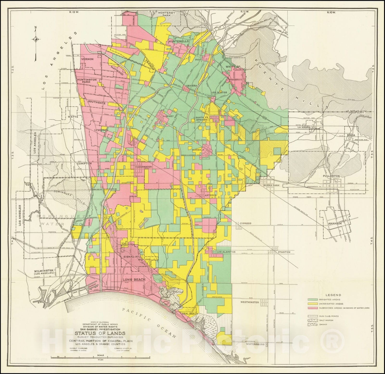 Historic Map : Los Angeles & Orange Counties,Status of Lands Survey Conducted During 1926 Central Portion of Coastal Plain,  1926, Vintage Wall Art