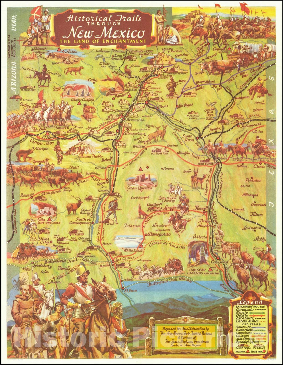 Historic Map : Historical Trails Through New Mexico The Land of Enchantment, 1940, Vintage Wall Art