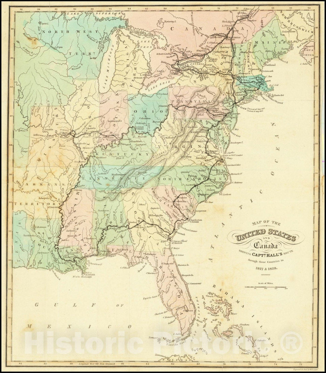 Historic Map : United States And Canada Shewing Captn. Hall's Route through those Countries in 1827 & 1828, 1828, Vintage Wall Art