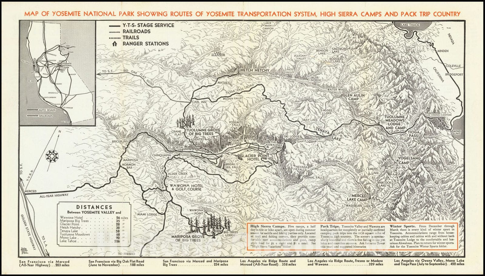 Historic Map : Yosemite National Park Showing Routes of Yosemite Transportation System, High Sierra Camps and Pack Trip Country. , 1930, Vintage Wall Art