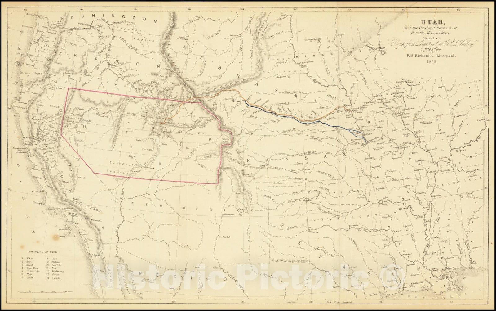 Historic Map : Utah And the Overland Routes to it, from the Missouri River: Published with "Route from Liverpool to G.S.L. Valley", 1855, Vintage Wall Art