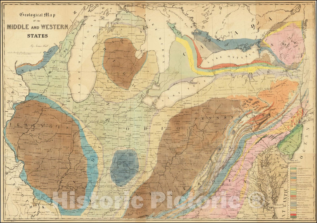 Historic Map : Geological Middle and Western States By James Hall, 1843, Vintage Wall Art