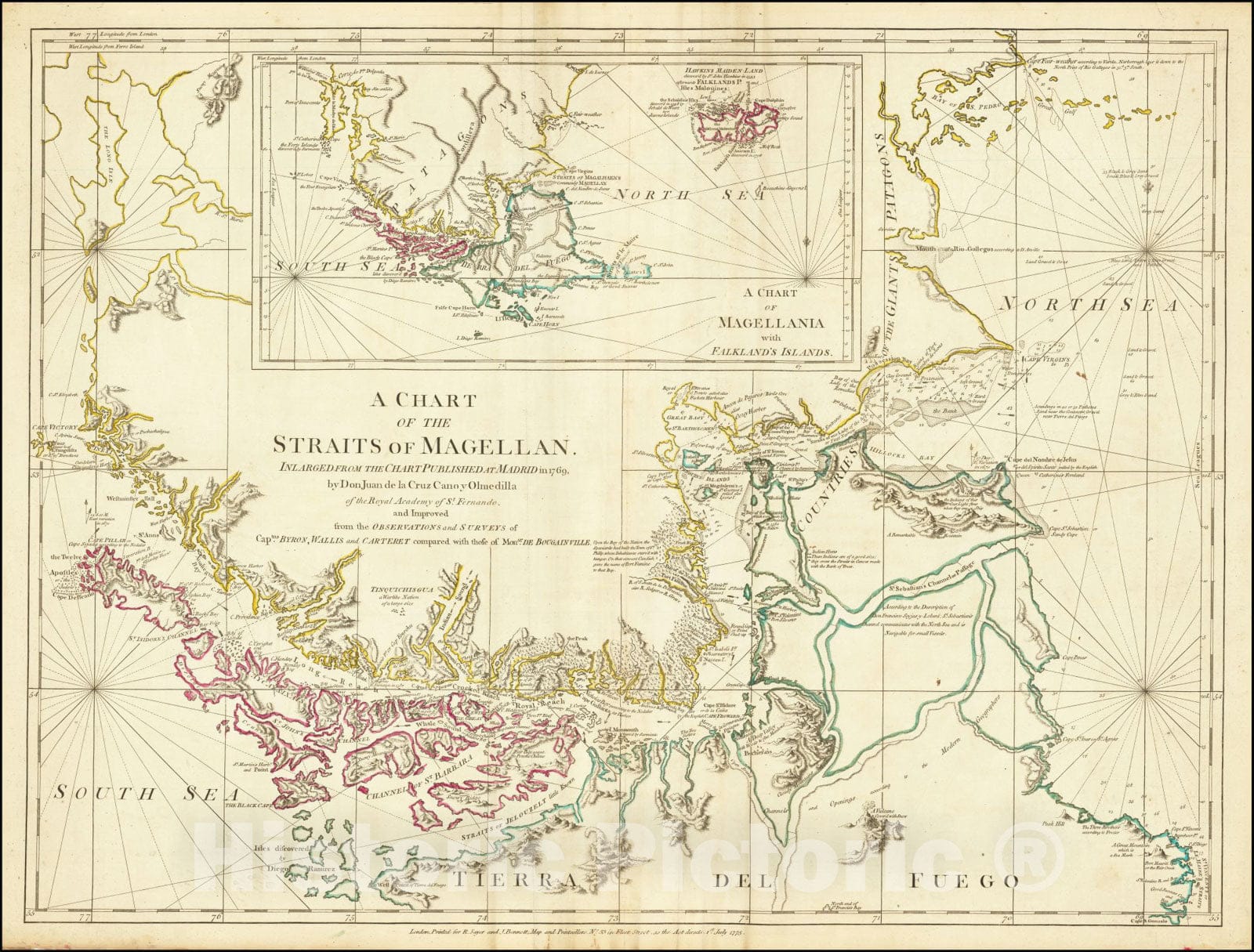 Historic Map : A Chart of the Straits of Magellan Inlarged from the Chart Published at Madrid in 1769 by Don Juan de la Cruz Cano y Olmedilla ,  1775, Vintage Wall Art