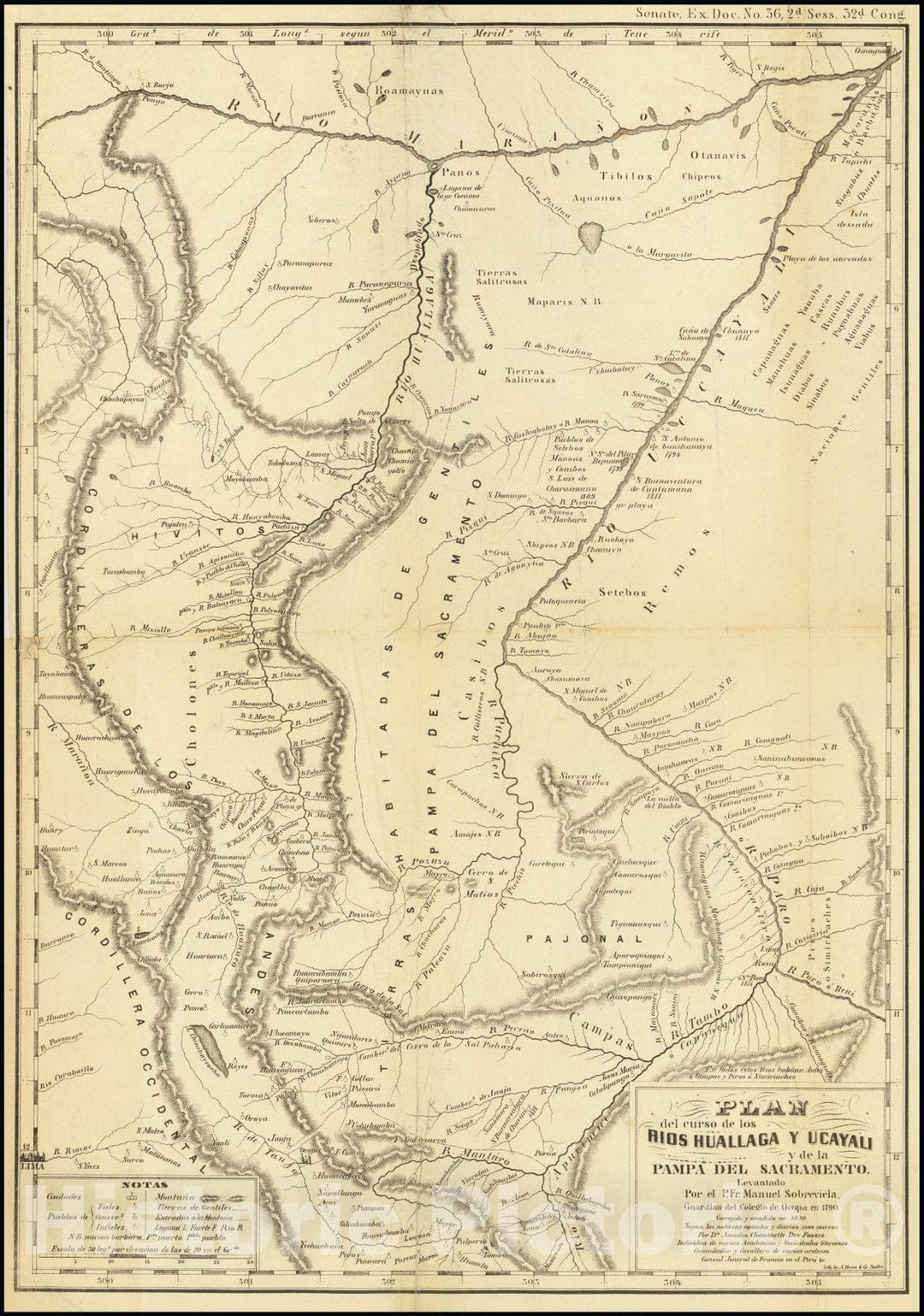 Historic Map : Plan del curso de los Rios Huallaga y Ucayali y de la Pampa del Sacramento... 1790... Corregido y anadido en 1830... Lith by A Hoen & Co Balto., 1853, Vintage Wall Art