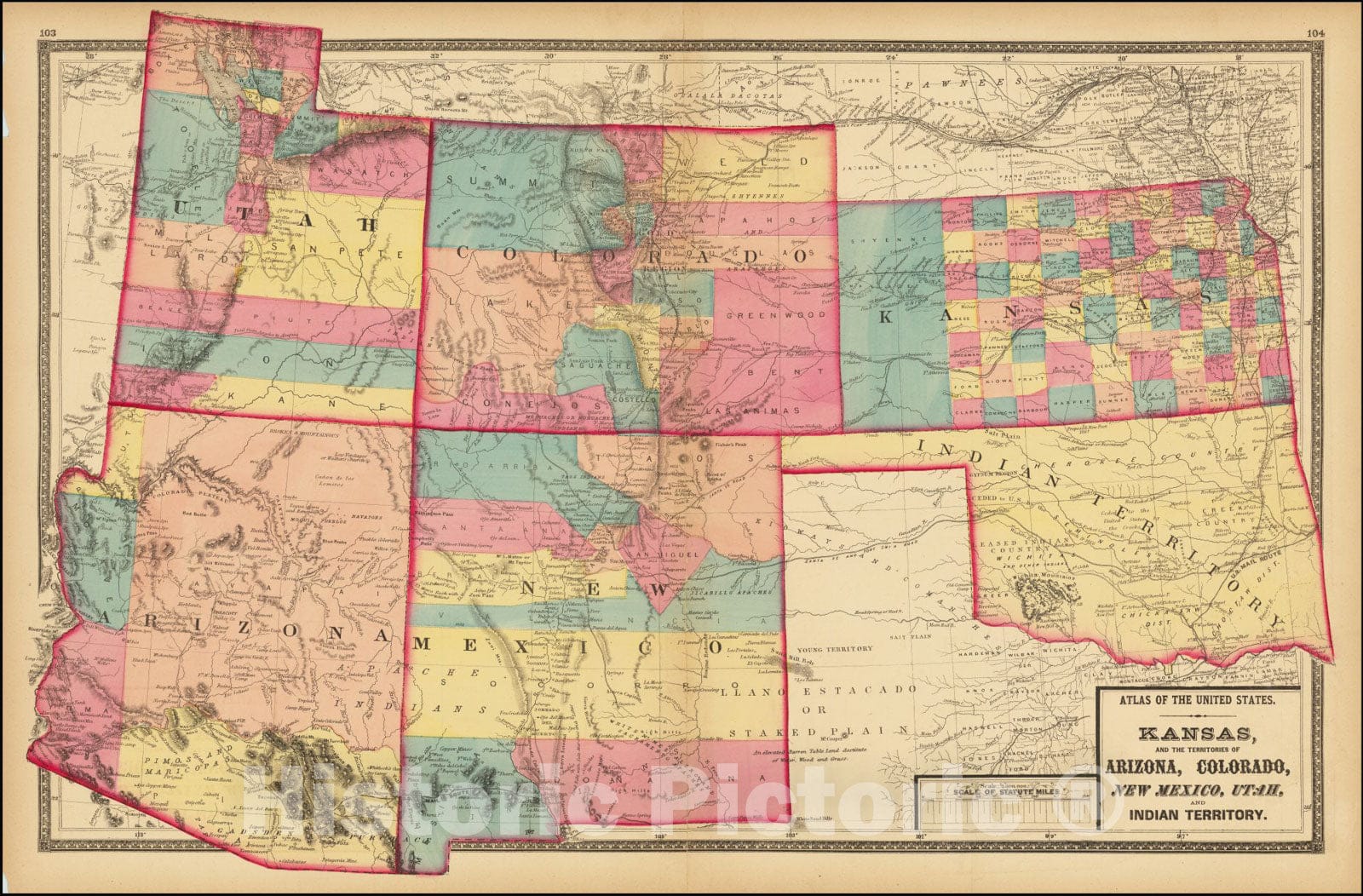 Historic Map : Utah, Arizona, New Mexico, Kansas, Colorado and Indian Territory, 1872, 1870, Vintage Wall Art