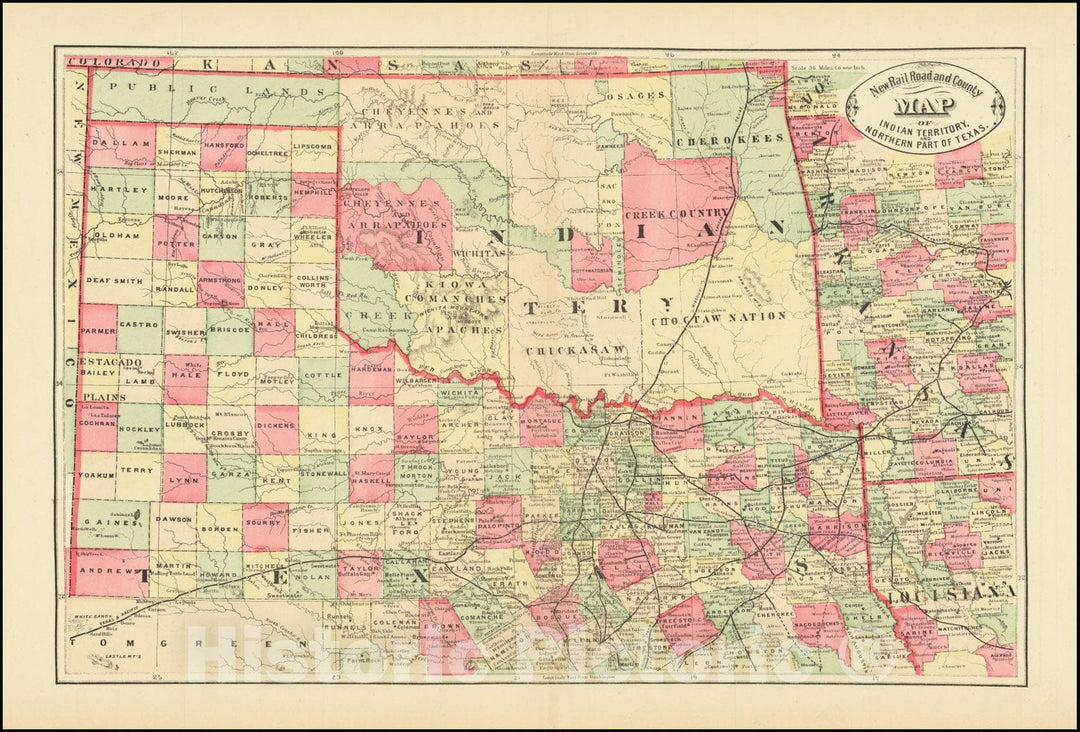 Historic Map : New Railroad and County Indian Territory and the Northern Part of Texas, 1882, Vintage Wall Art