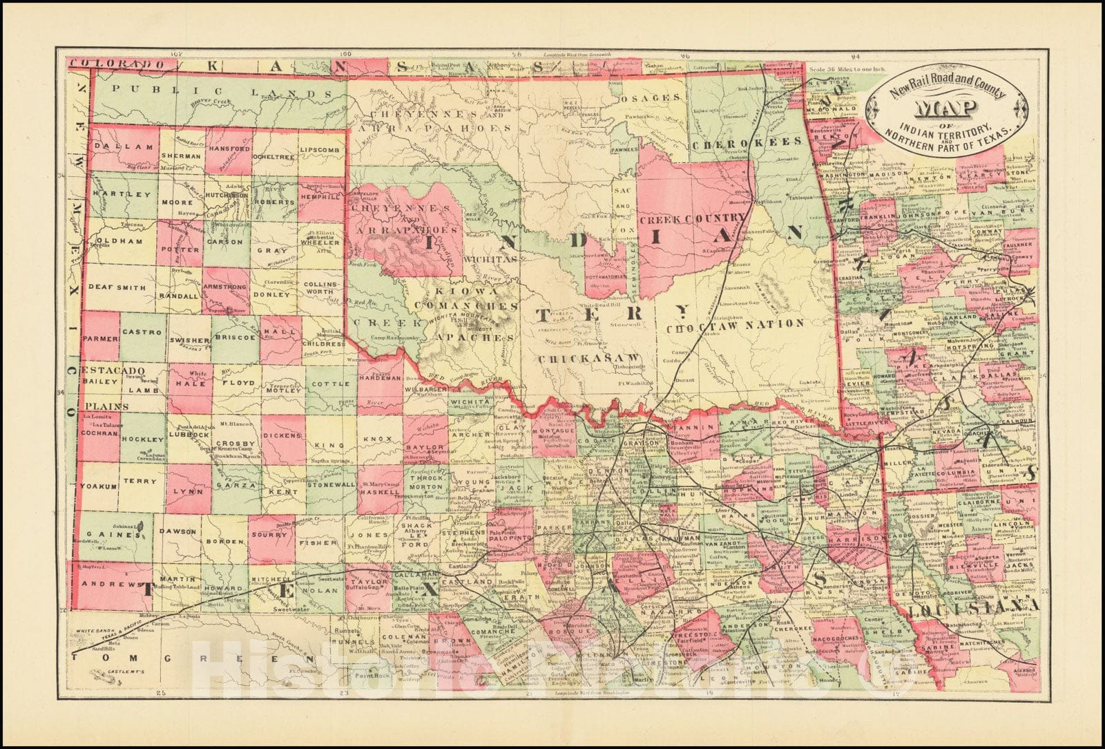 Historic Map : New Railroad and County Indian Territory and the Northern Part of Texas, 1882, Vintage Wall Art