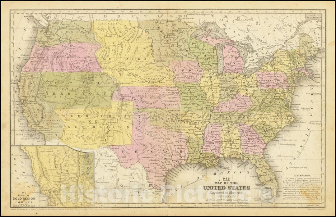 Historic Map : No. 5 United States Engraved to Illustrate Mitchell's School and Family Geography , 1852, Vintage Wall Art