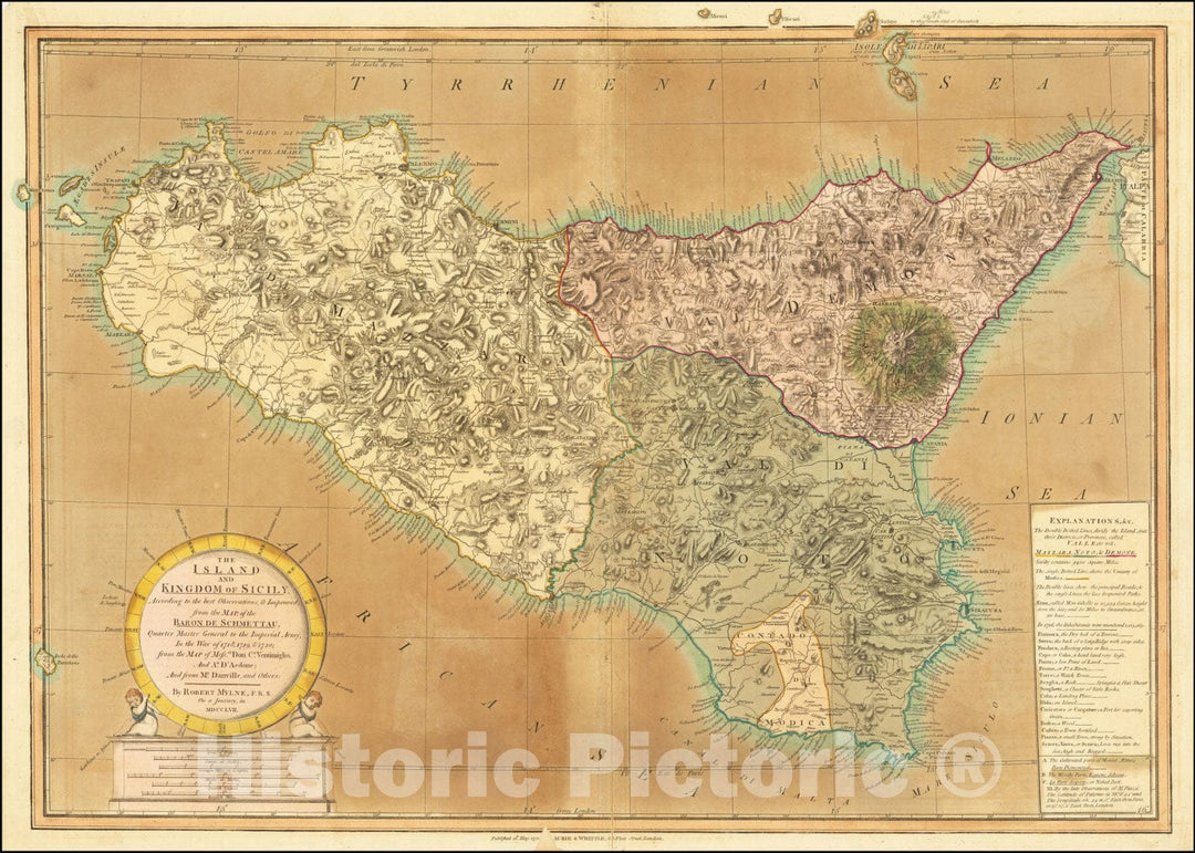 Historic Map : The Island and Kingdom of Sicily, According to the best Observations, & Improved; from the Map, of the Baron de Schmettau., 1794, Vintage Wall Art