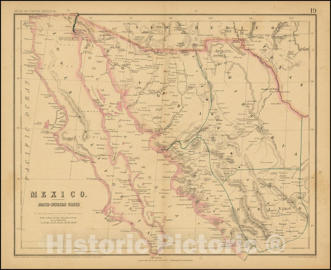 Historic Map : Mexico-- North-Western States, 1857, Vintage Wall Art