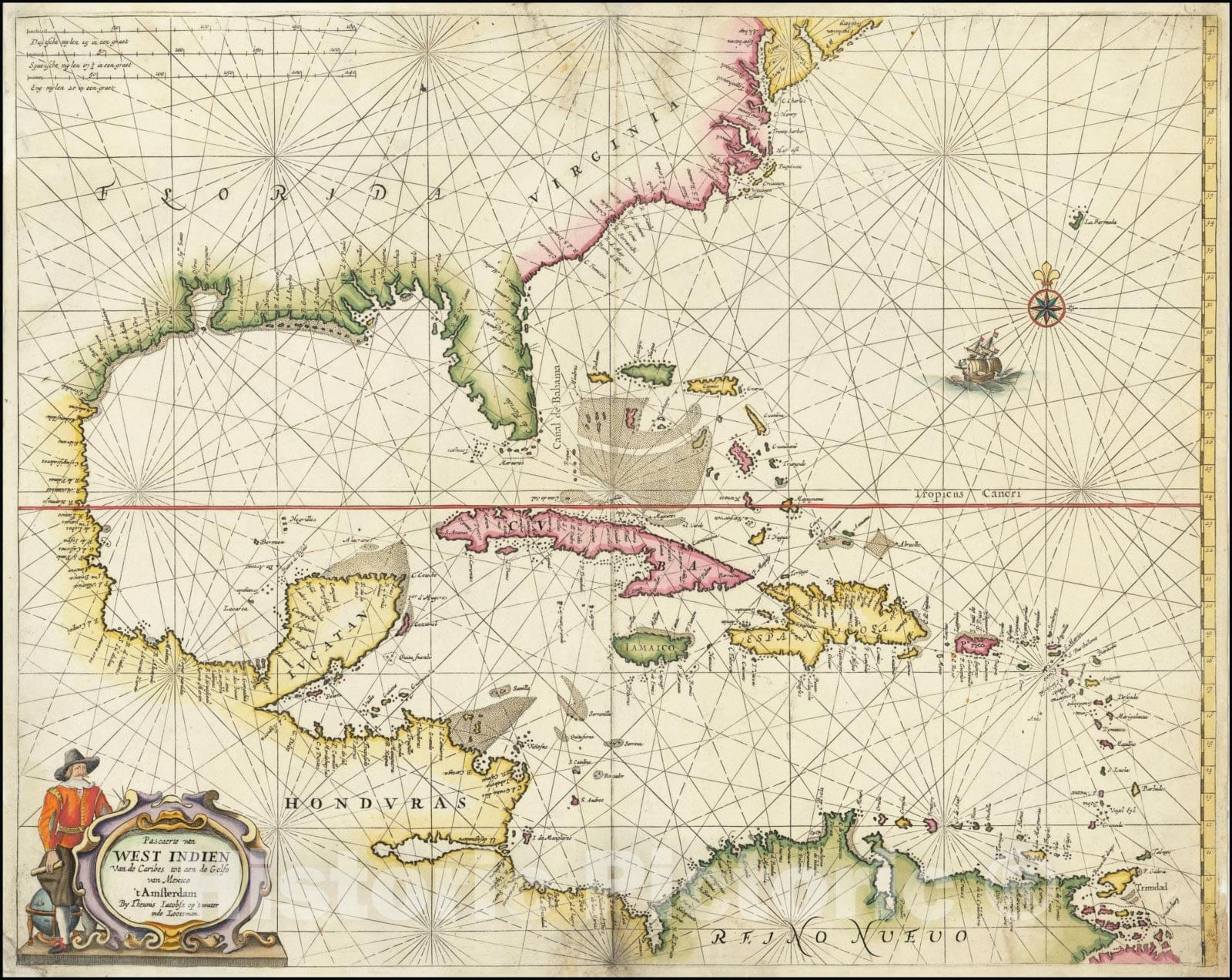 Historic Map : Pascaerte van West Indien van de Caribes tot aen de Golfo van Mexico, 1650, Vintage Wall Art