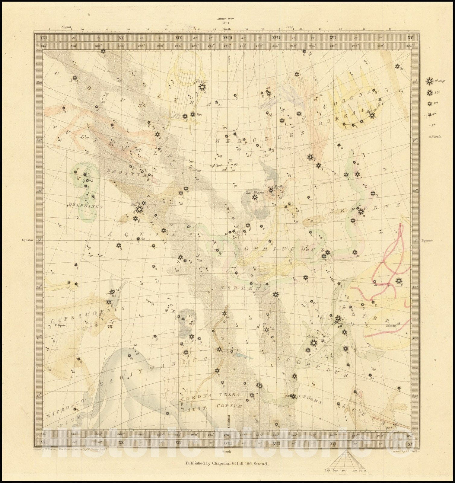 Historic Map : Celestial Map, Libra, Sagitarius, Capricorn, Ophiccus, Scorpius, Aquila, Hercules, Serpens, Dephinus, 1853, Vintage Wall Art