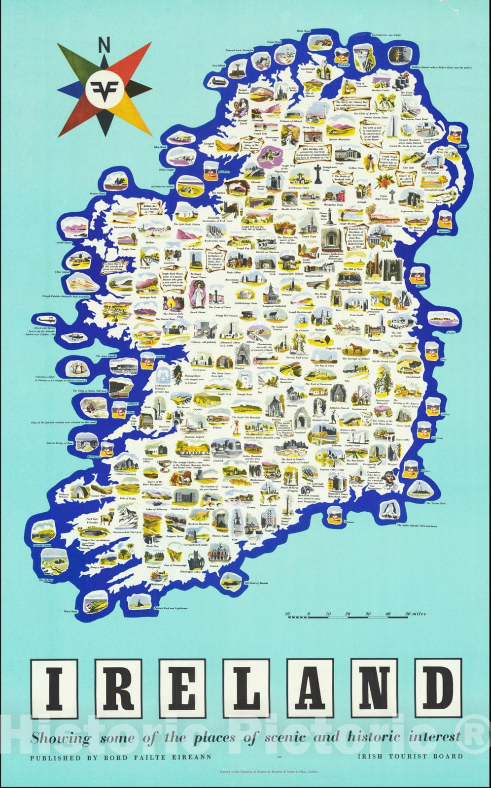 Historic Map : Ireland Showing some of the places of scenic and historic interest, 1958, Vintage Wall Art