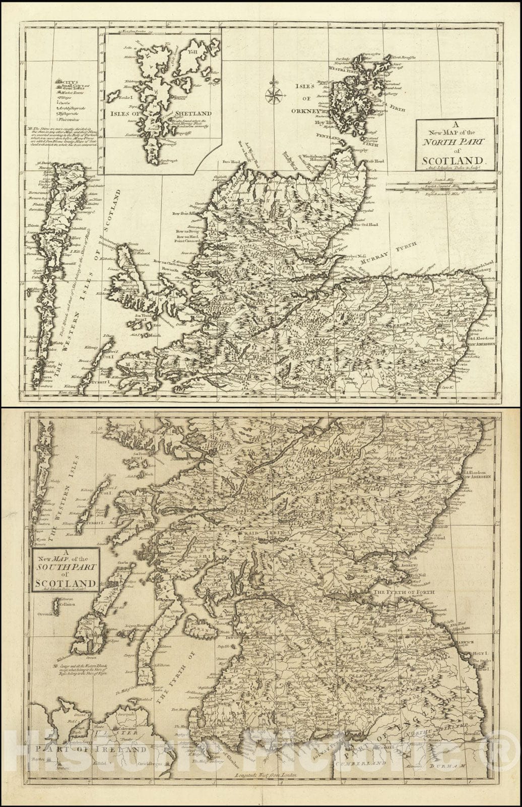 Historic Map : South and North Part of Scotland, 1753, Vintage Wall Art