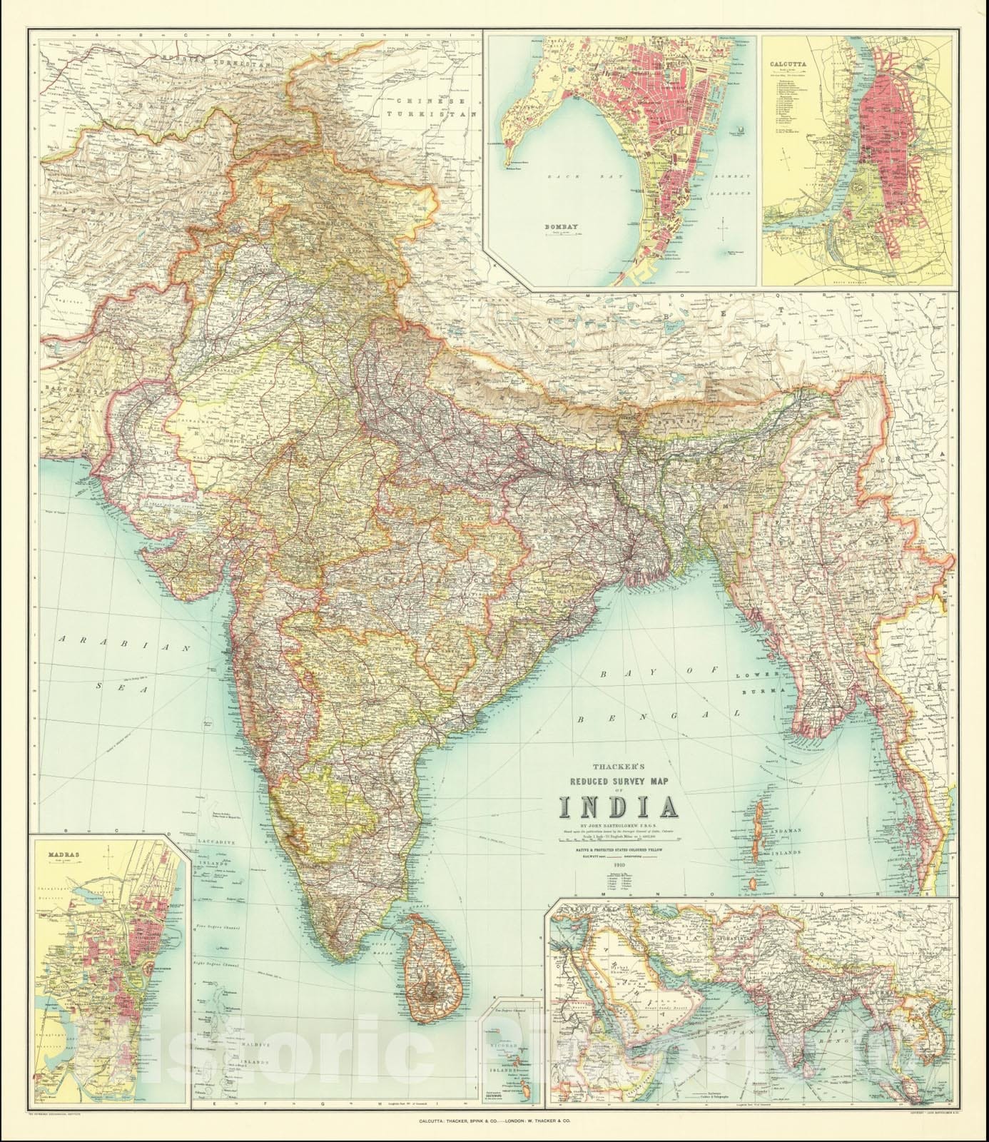 Historic Map : Thacker's Reduced Survey India. By John Bartholemew, F.R.G.S. Based upon the publications issued by the Surveyor General of India, Calcutta, 1910, 1910 v1, Vintage Wall Art