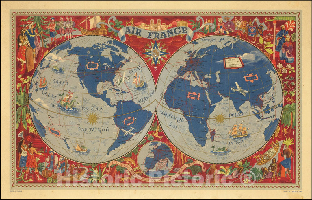 Historic Map : World, Air France -- Sur Les Ailes D'Air France Decouvrez Le Monde A Votre Tour, 1952, Vintage Wall Art