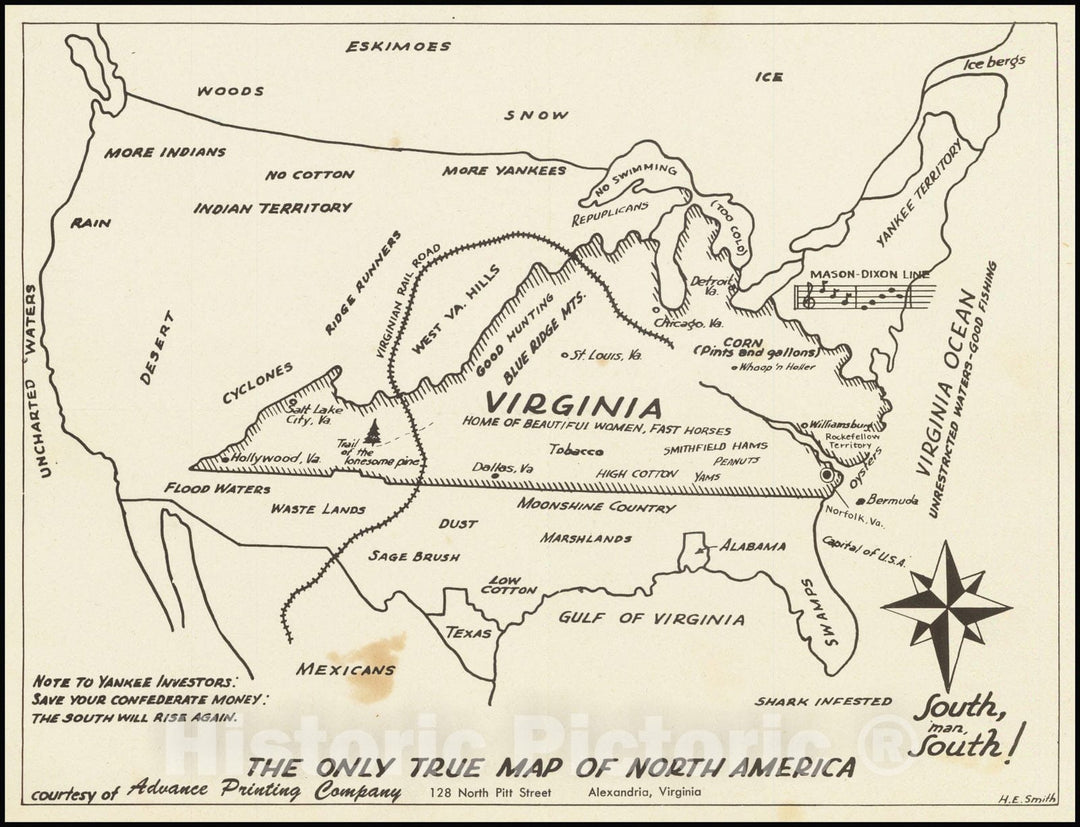 Historic Map : The United States as Virginians See It, 1950, Vintage Wall Art