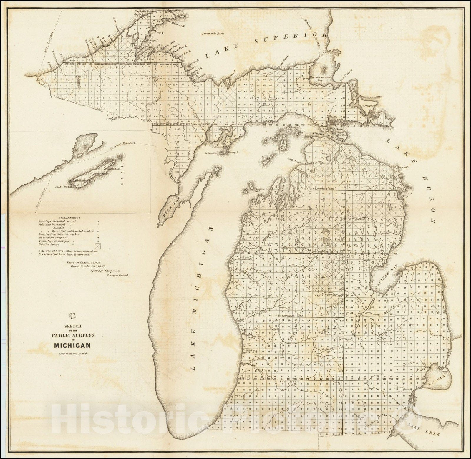 Historic Map : G Sketch of the Public Surveys in Michigan, 1853, Vintage Wall Art