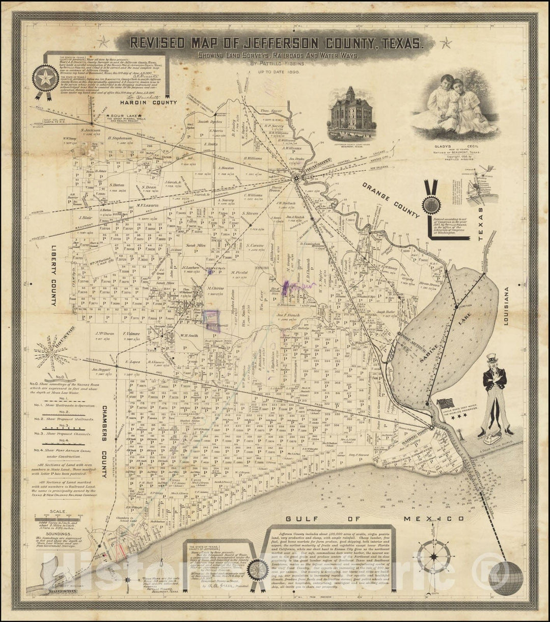 Historic Map : Revised Jefferson County, Texas. Showing Land Surveys, Railroads, and Water Ways. By Pattillo Higgins. Up to Date 1898., 1898, Vintage Wall Art