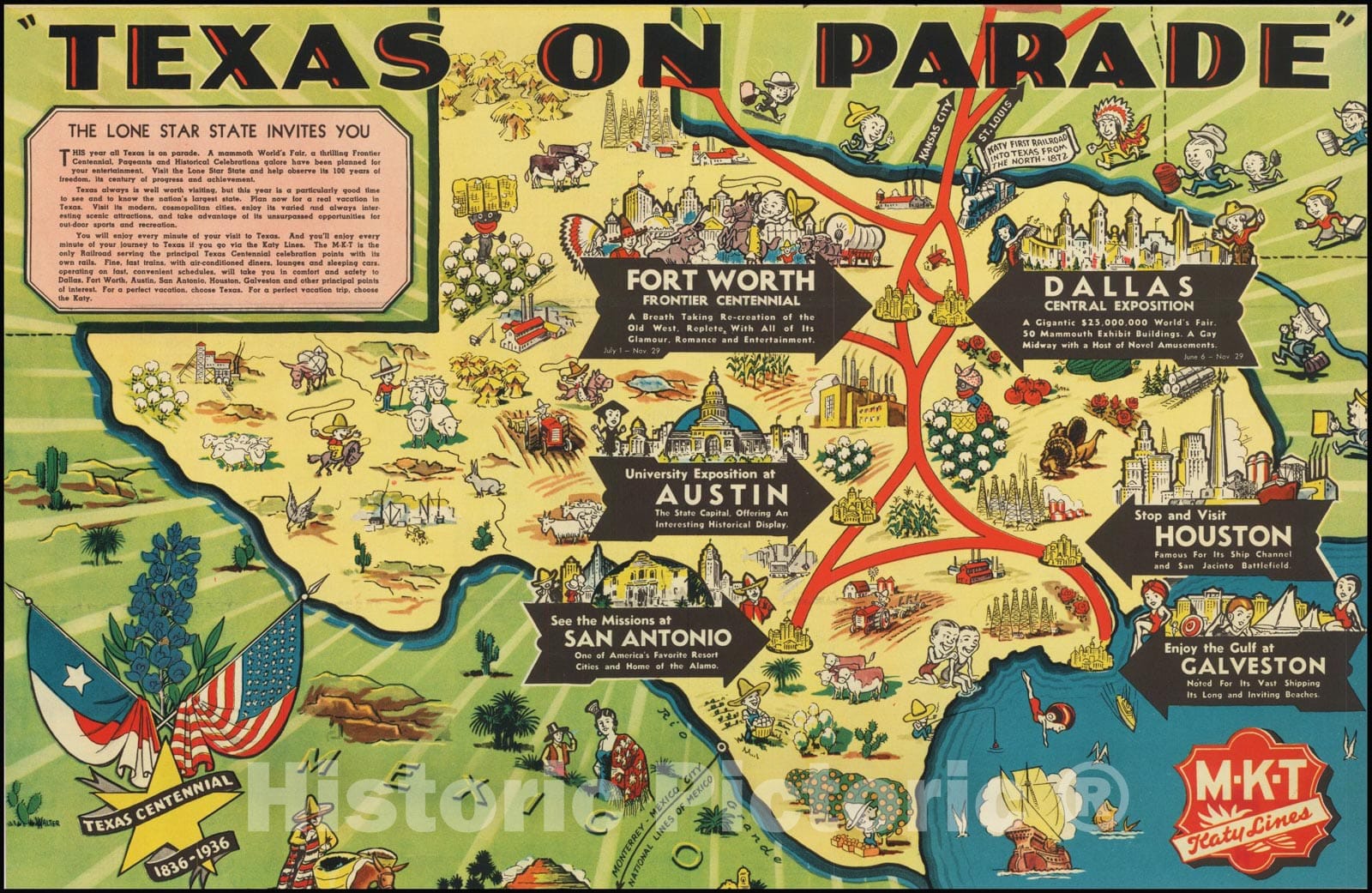 Historic Map : Texas on Parade, Texas Centennial 1836-1936, 1936, Vintage Wall Art