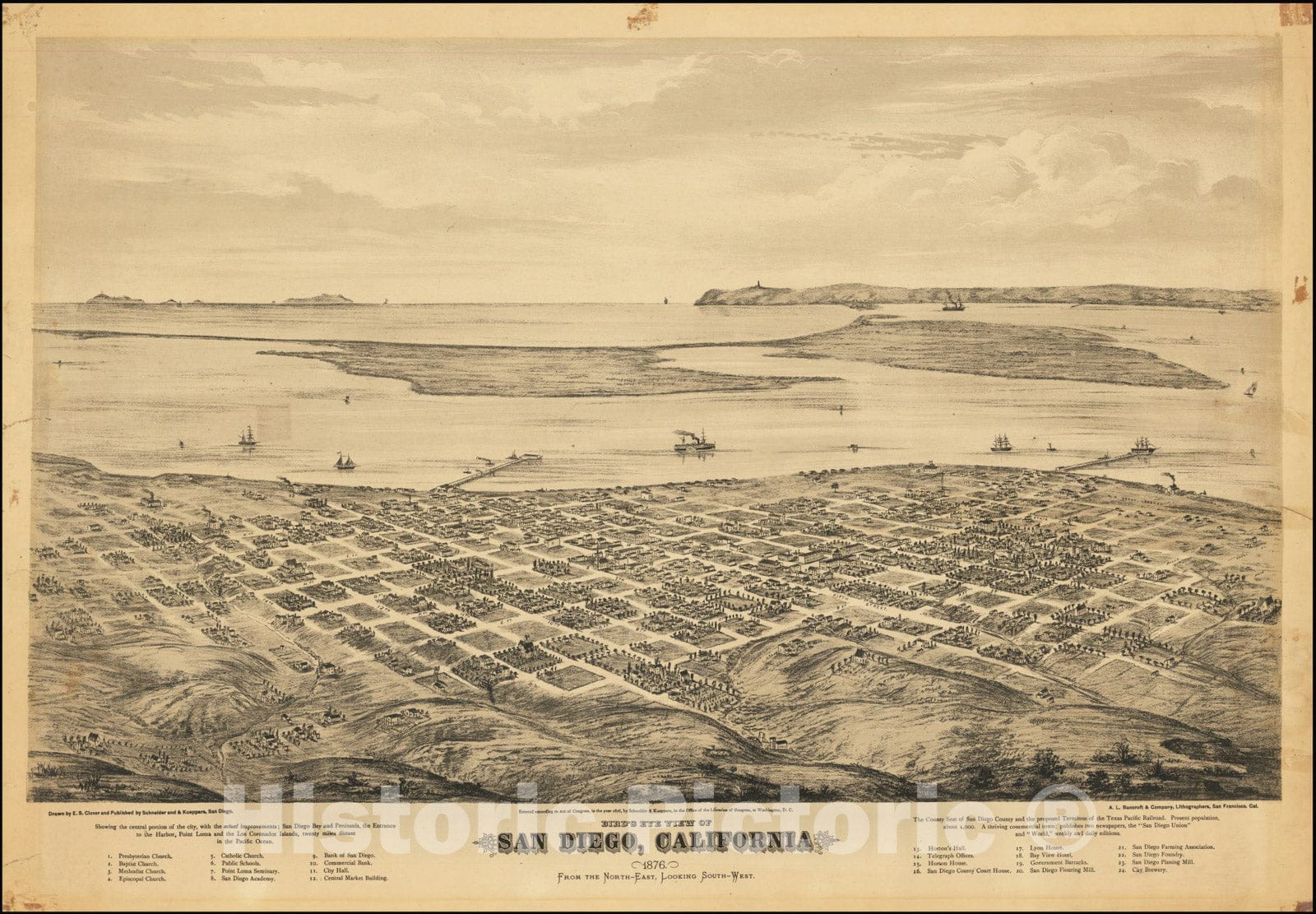 Historic Map : Bird's Eye View of San Diego, California 1876. From the North-East, Looking South-West. , 1876 v1, Vintage Wall Art