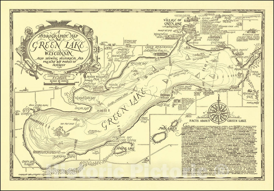 Historic Map : A Hydrographic Green Lake Wisconsin Also Showing Historical and Present Day Points of Interest, 1945, Vintage Wall Art