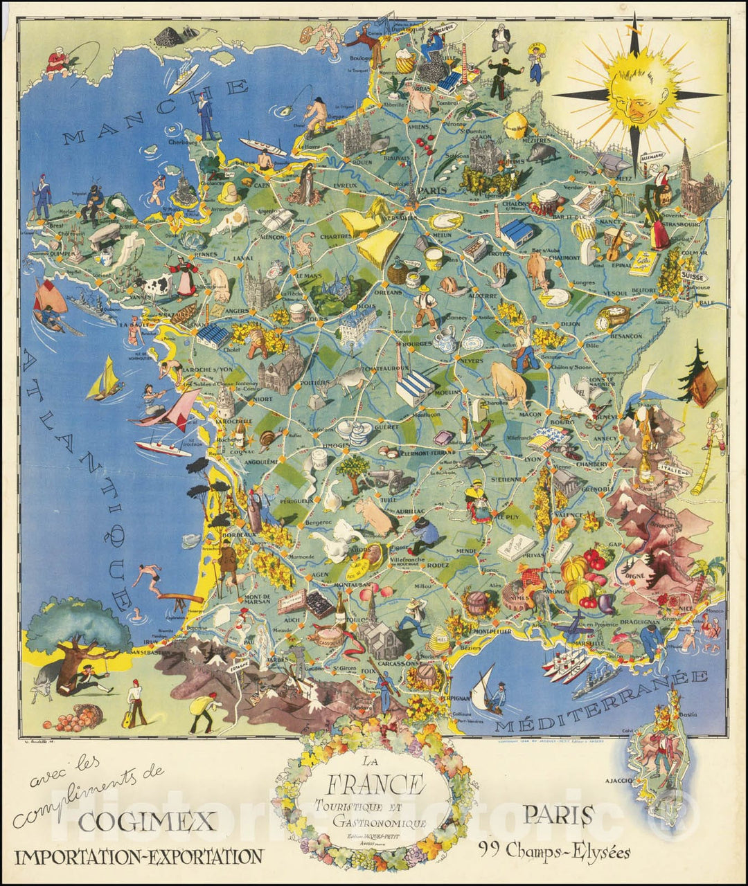 Historic Map : La France Touristique et Gastronomique,  1948, Vintage Wall Art