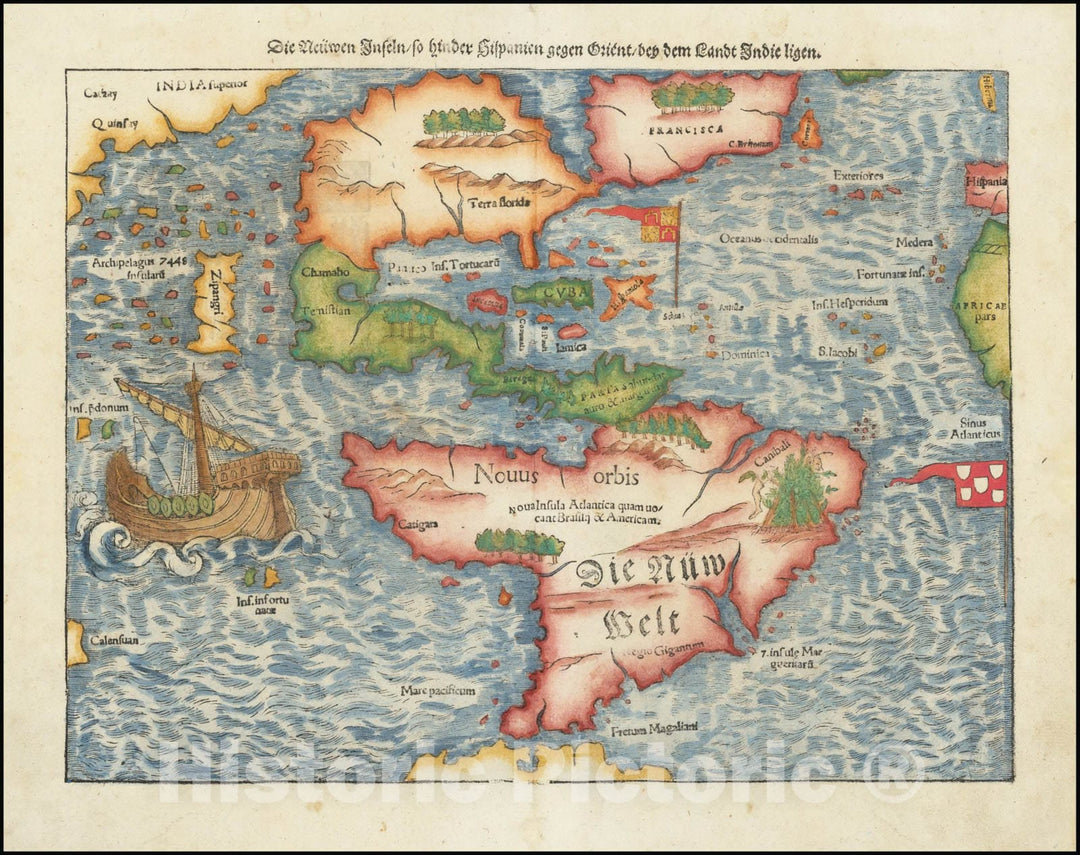 Historic Map : First Map of the Continent of America,Die Neuwen Inseln / So hinder Hispanien gegen Orient ven dem land indie ligen , 1561, Vintage Wall Art