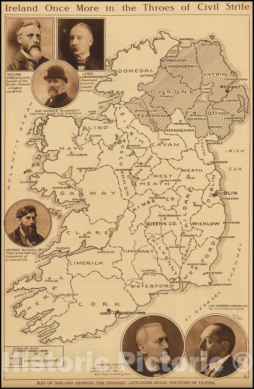 Historic Map : Ireland Once More in the Throes of Civil Strife,Ireland Showing The Unionist , Anti-Home Rule, 1918, Vintage Wall Art