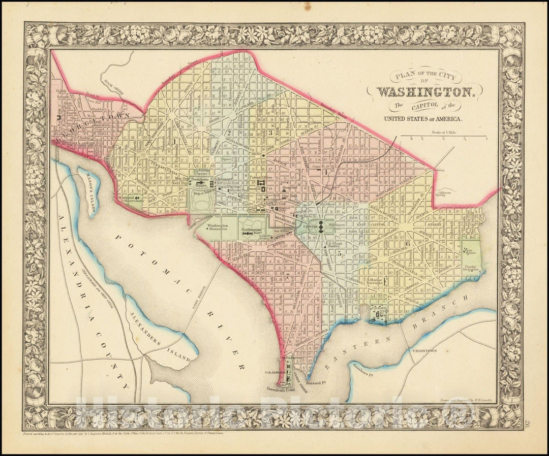 Historic Map : Plan of the City of Washington.The Capitol of the United States of America., 1864, Vintage Wall Art