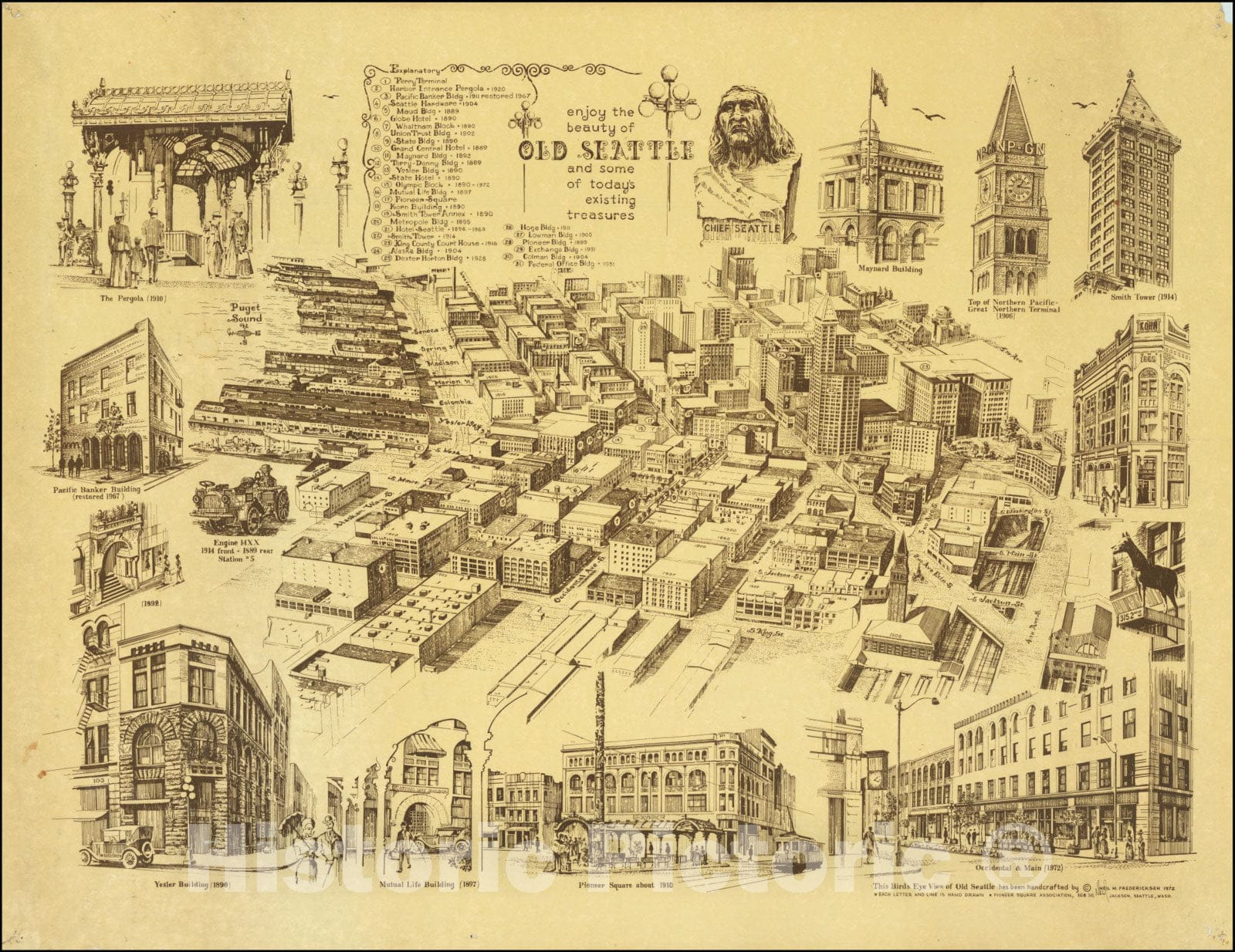 Historic Map : enjoy the beauty of Old Seattle and some of today's existing treasures, 1972, Vintage Wall Art