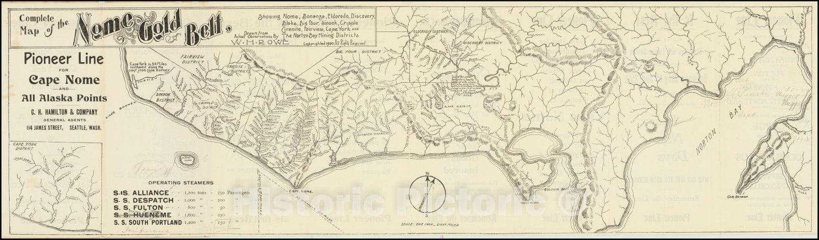 Historic Map : Complete Nome Gold Belt, Showing Nome, Bonanza, Eldorado, Discovery, Blake, Big Four, Sinook, Cripple Granite, Fairview, Cape York and The Norton Bay Mining Districts, 1900, 1900, Vintage Wall Art