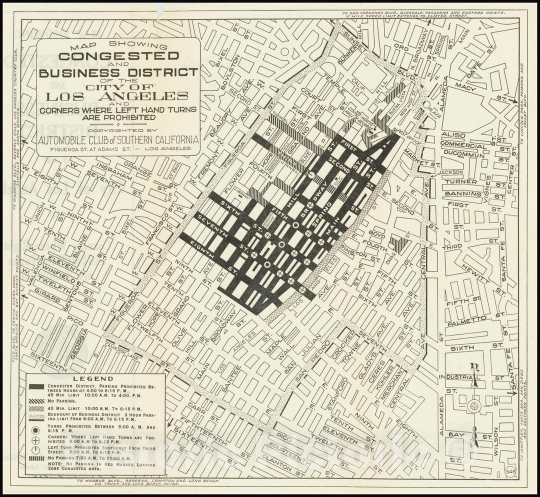 Historic Map : Congested and Business District of the City of Los Angeles and Corners Where Left Hand Turns Are Prohibited,  1920, Vintage Wall Art