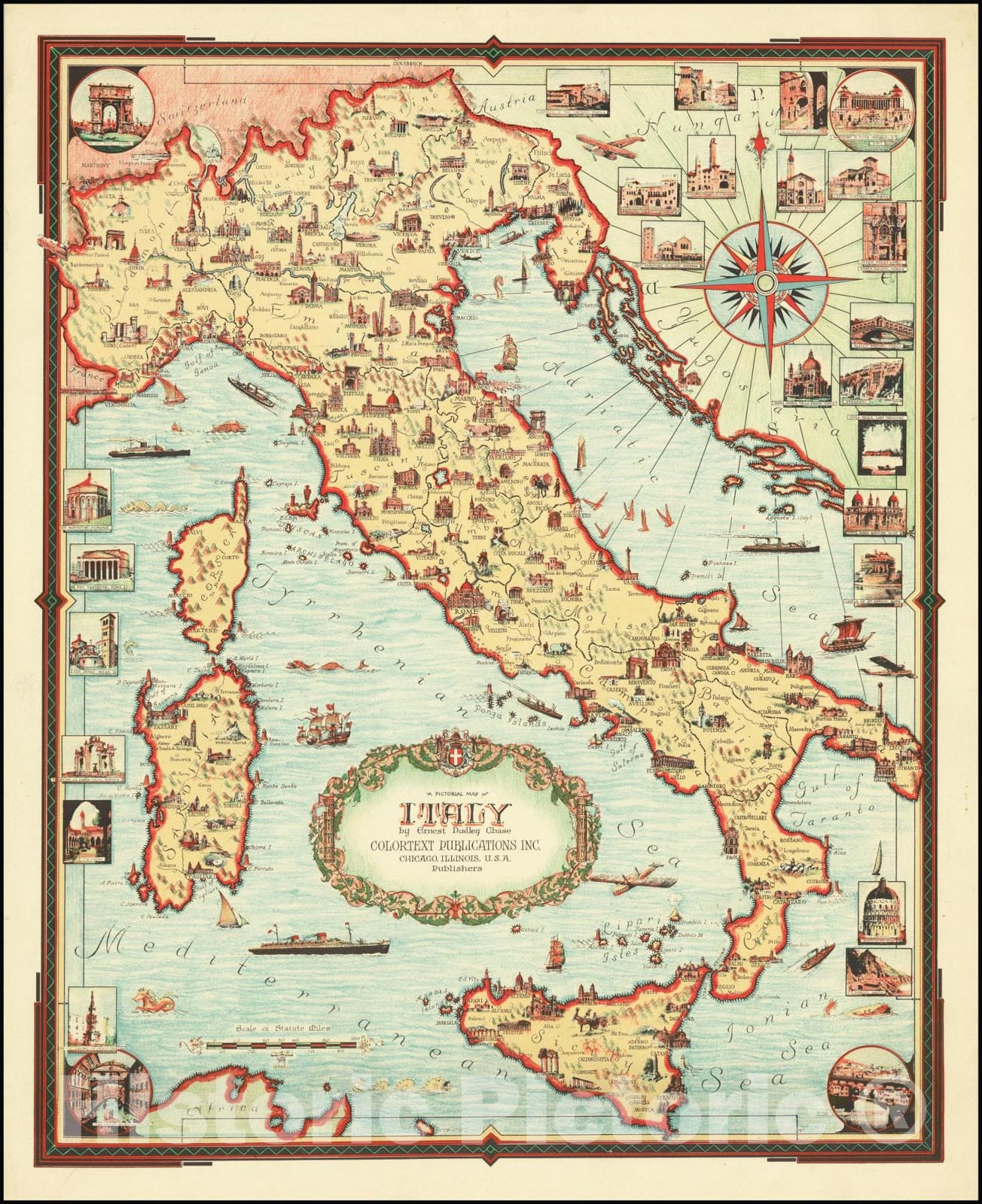 Historic Map : Pictorial Italy by Ernest Dudley Chase,  1935, Vintage Wall Art