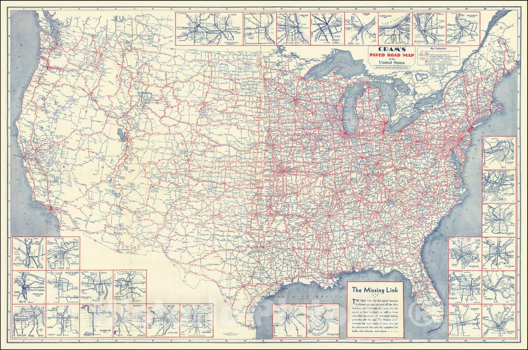 Historic Map : Cram's Paved Road United StatesAn accurate survey of the main highways showing mileage and character of all important Roads, 1930, Vintage Wall Art