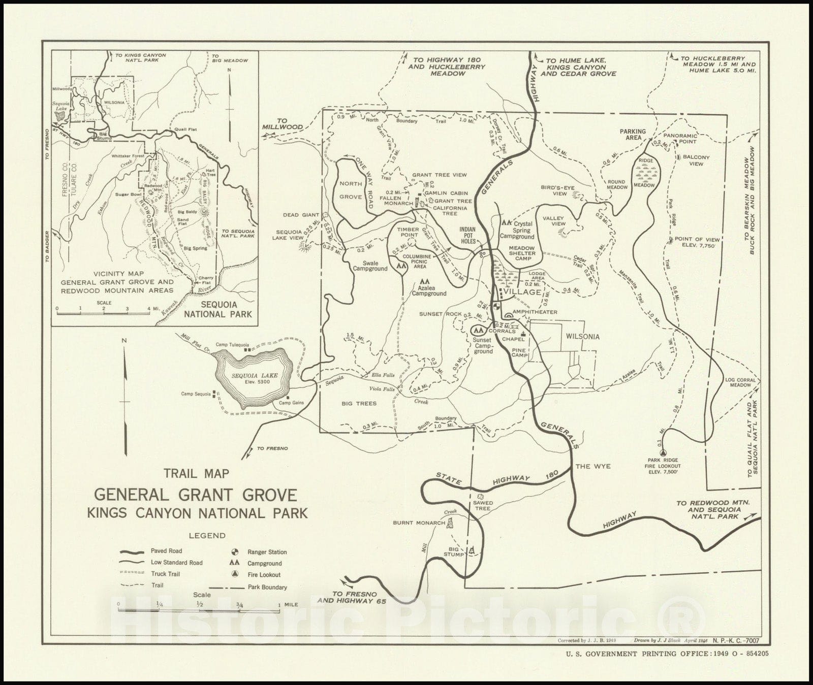 Historic Map : Trail Map General Grant Grove Kings Canyon National Park, 1949, Vintage Wall Art