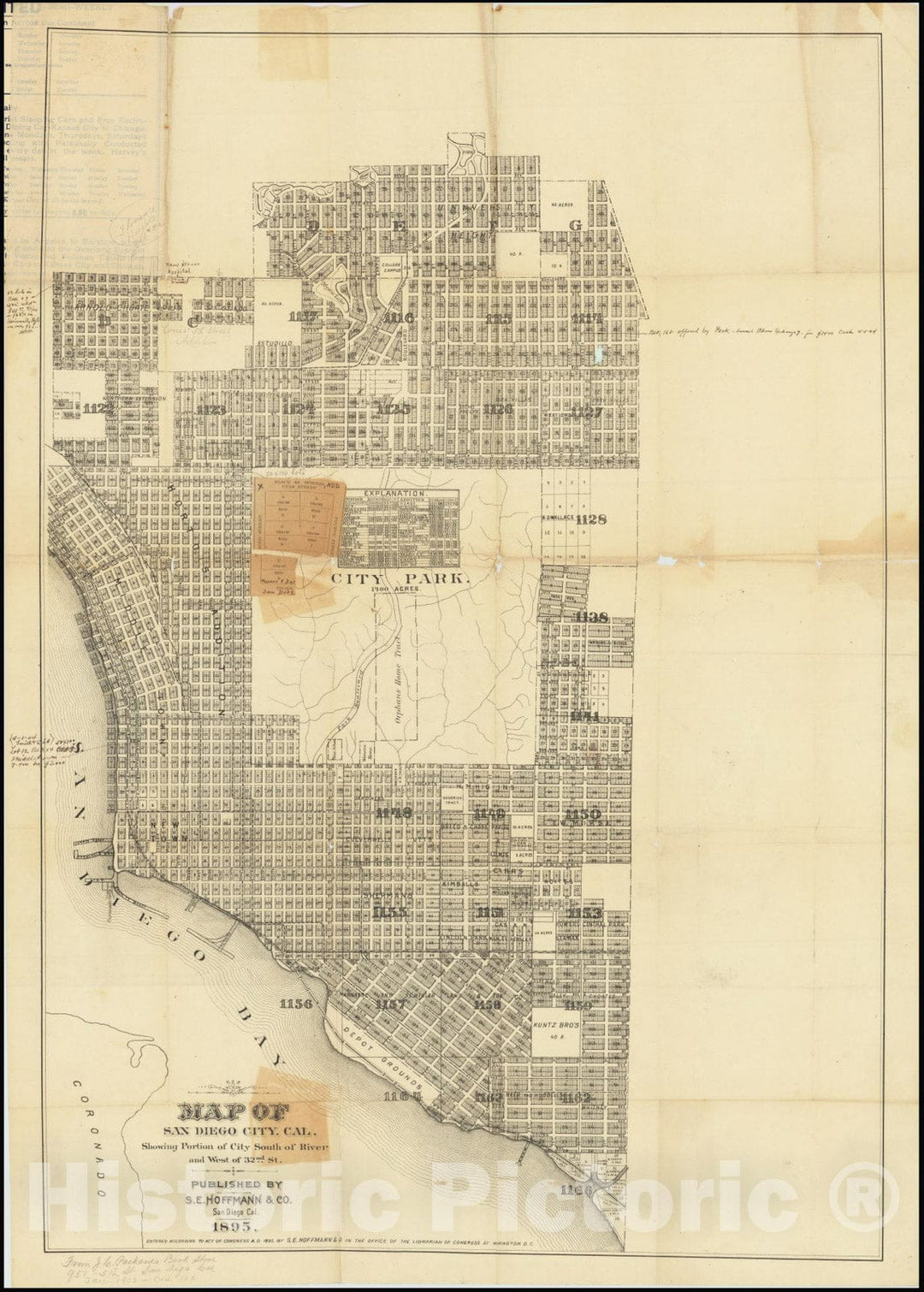 Historic Map : San Diego City, Cal.Showing Portion of City South of River and West of 32nd St., . 1895, 1895, Vintage Wall Art