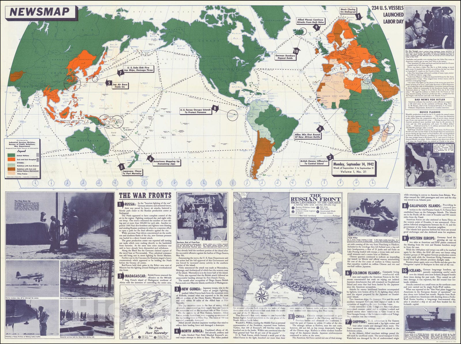 Historic Map : WWII Propaganda Map]Newsmap -- Monday, September 14, 1942, 1942, Vintage Wall Art