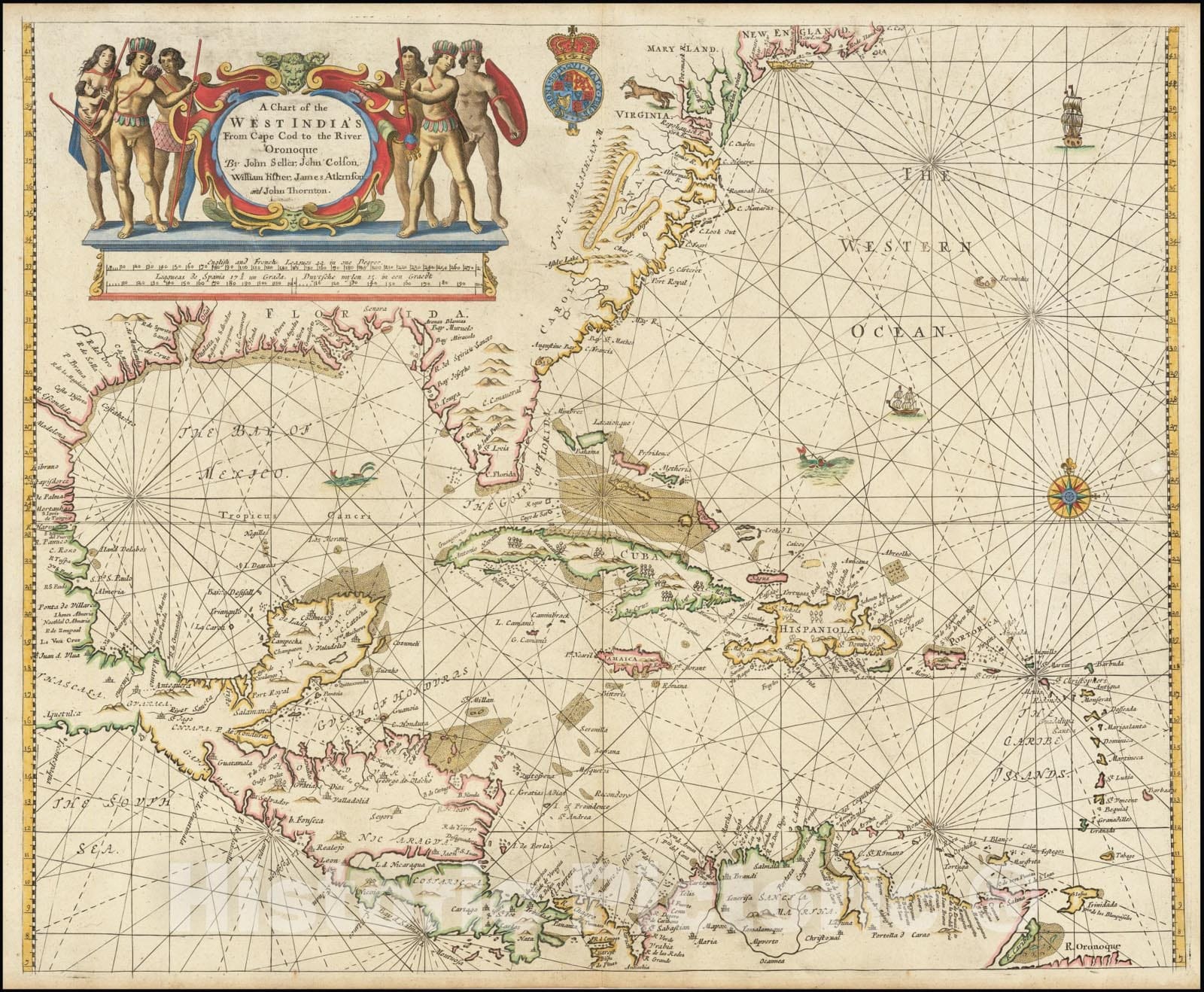 Historic Map : A Chart of the West India's From Cape Cod to the River Oronoque .,1673 (1677 ca), Vintage Wall Art