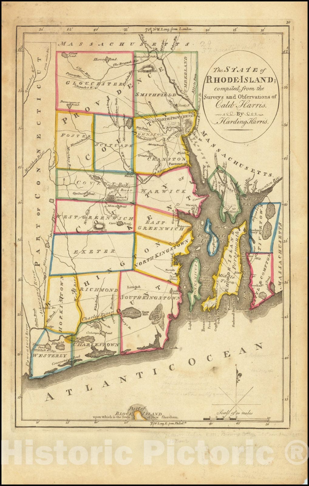 Historic Map : The State of Rhode-Island compiled from the Surveys and Observations of Caleb Harris by Harding Harris, 1814, Vintage Wall Art