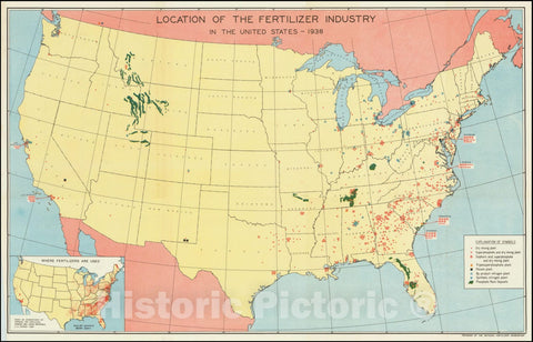Historic Map : Location of the the Fertilizer Industry in the United States - 1938, 1938, Vintage Wall Art